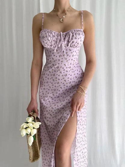 Satin Maxi Jurk met Bloemenprint en Ruches