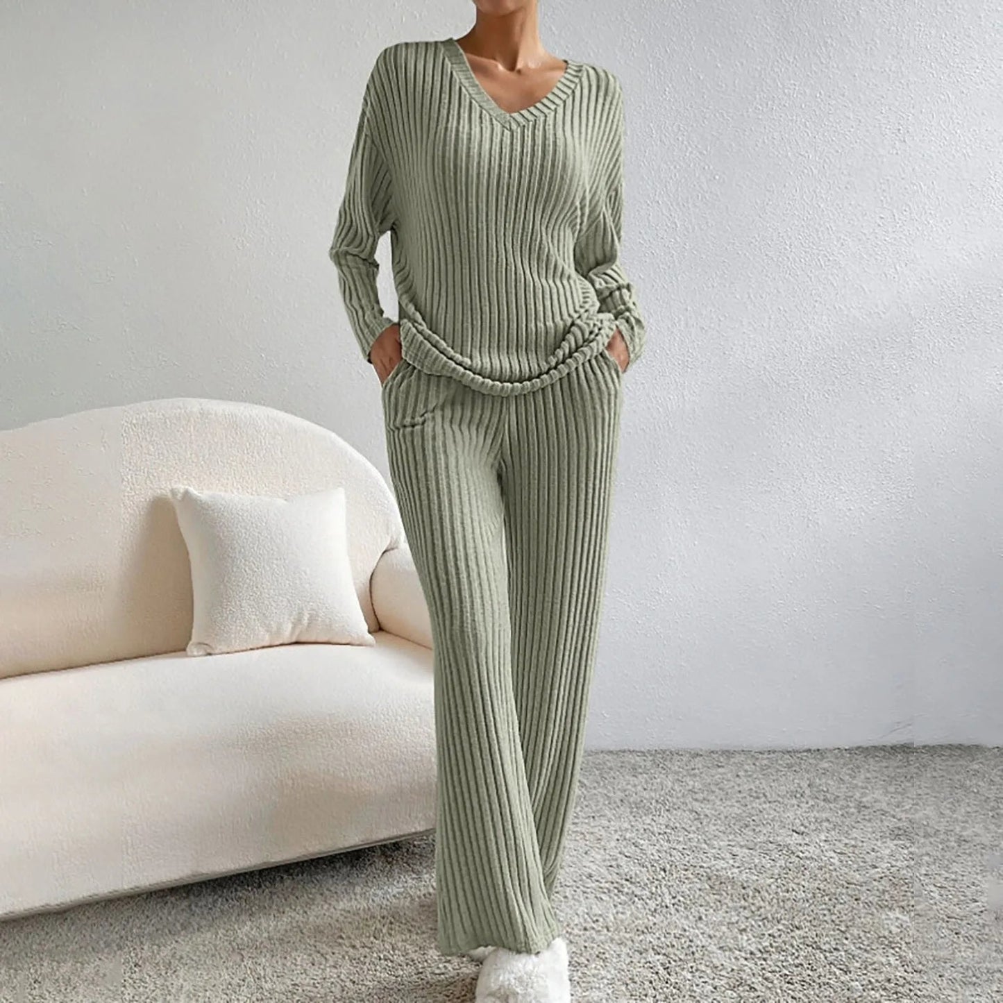Dames 2-Delige Set Geribde Soft Stretch Broek