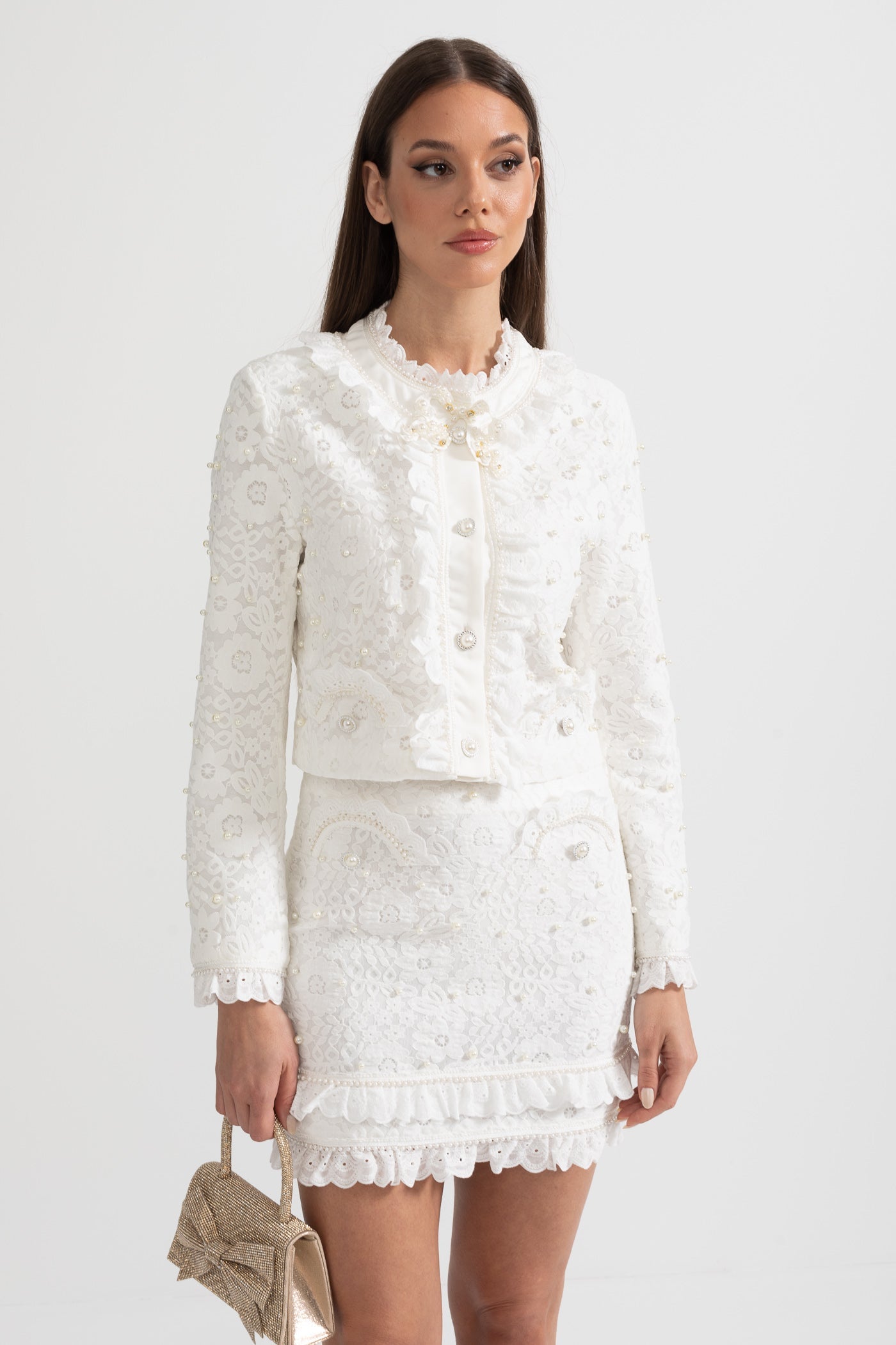 Tweedelig Ensemble met Parelversiering Wit Elegant