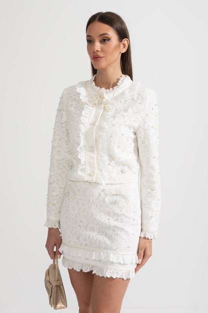 Tweedelig Ensemble met Parelversiering Wit Elegant