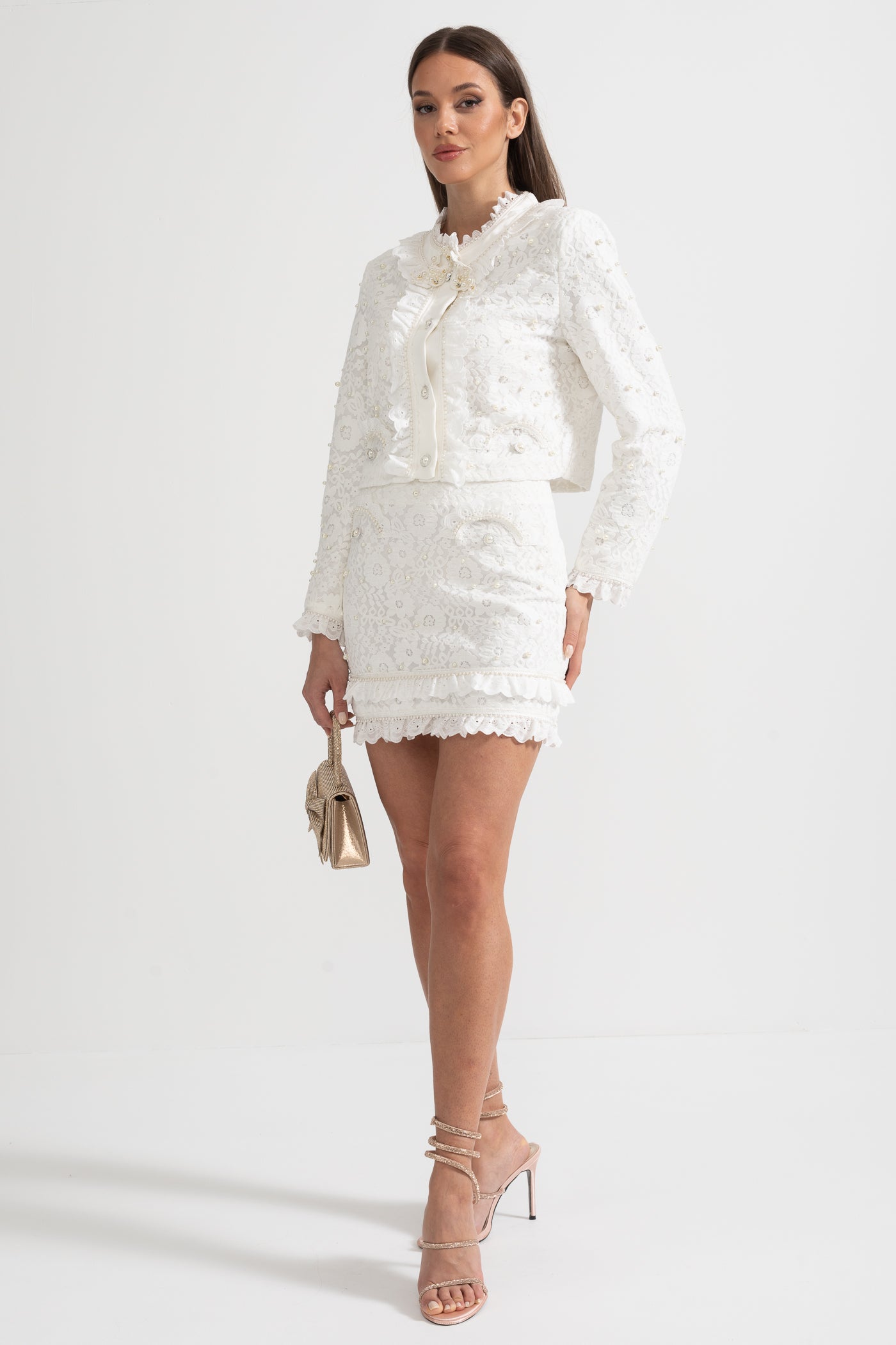 Tweedelig Ensemble met Parelversiering Wit Elegant