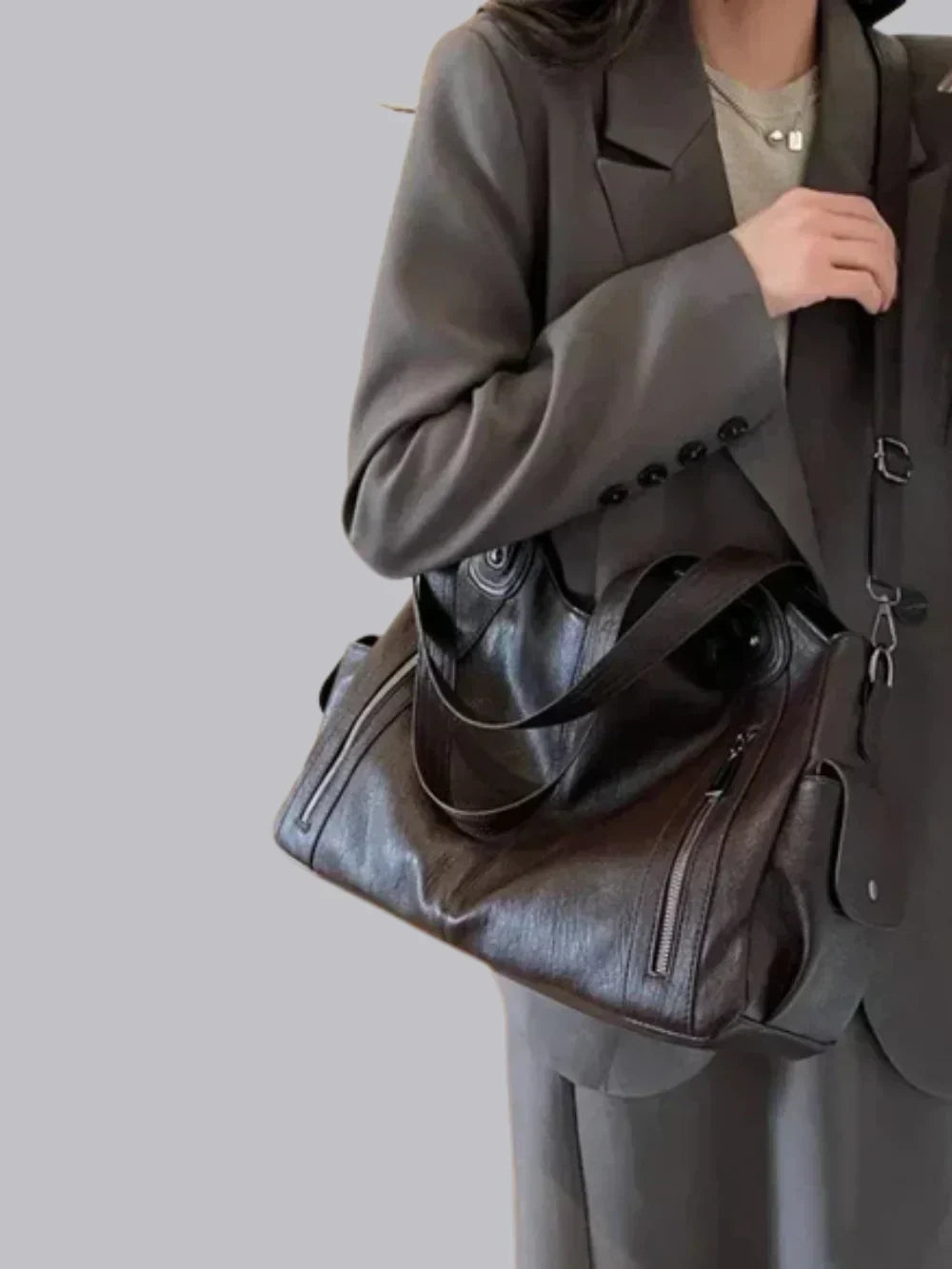 Leren Schoudertas Dames Klassiek met Rits en Stoer Design