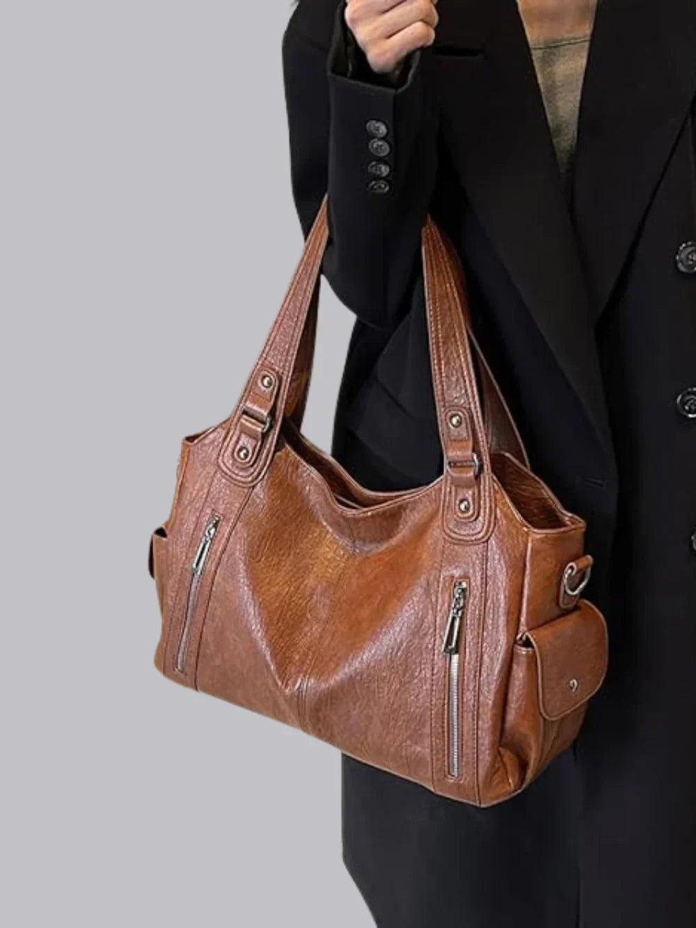 Leren Schoudertas Dames Klassiek met Rits en Stoer Design