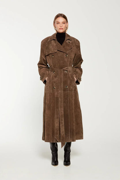 Dames Trenchcoat Suède Leren Jas Met Ceintuur - StudioMarella