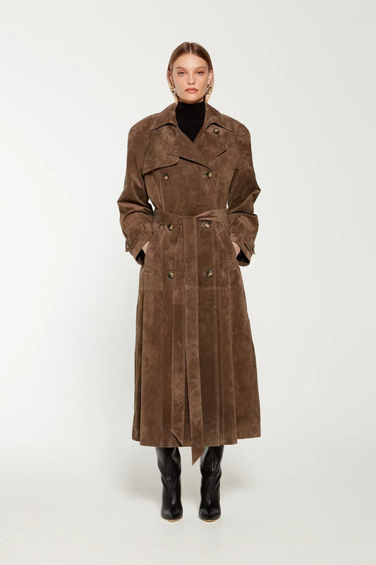 Dames Trenchcoat Suède Leren Jas Met Ceintuur - StudioMarella