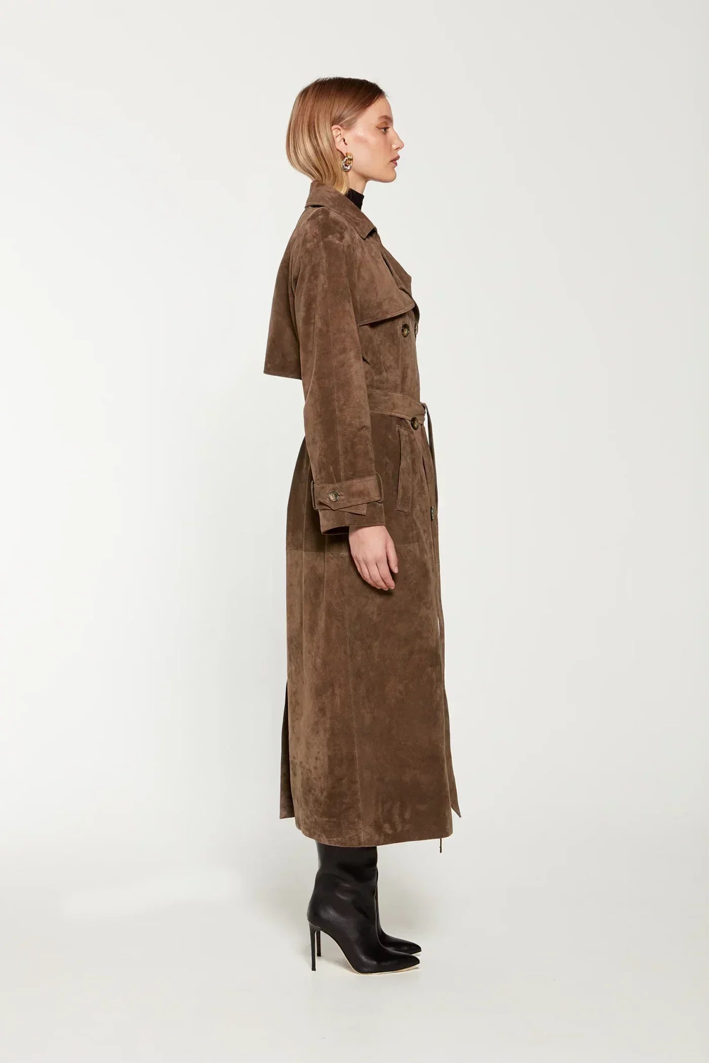 Dames Trenchcoat Suède Leren Jas Met Ceintuur