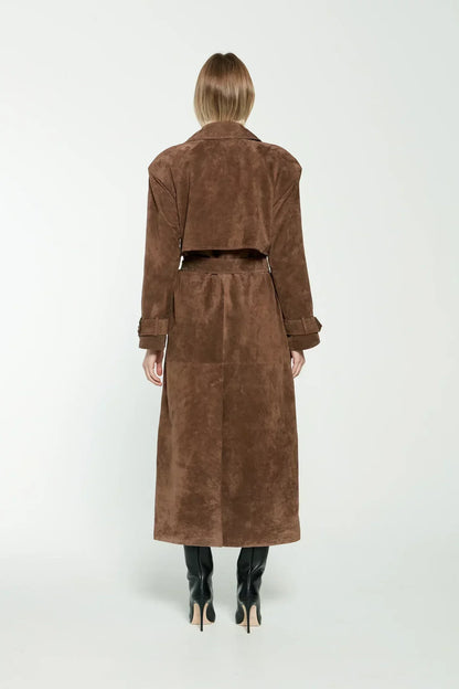 Dames Trenchcoat Suède Leren Jas Met Ceintuur