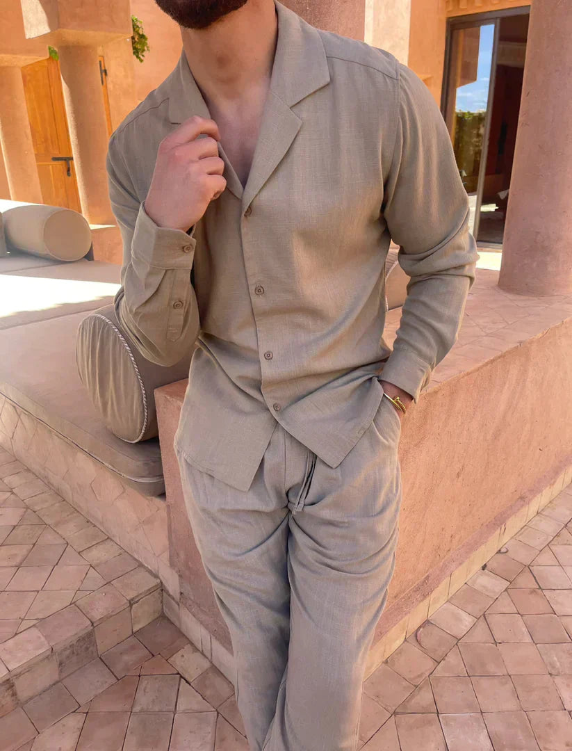 Linnen Heren Set Olijfgroen Shirt en Broek Zomer