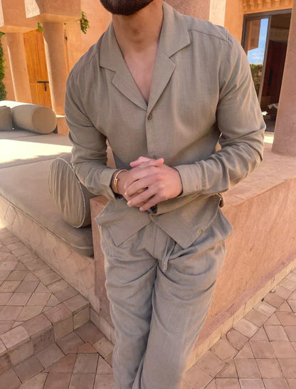 Linnen Heren Set Olijfgroen Shirt en Broek Zomer - StudioMarella