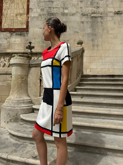 Retro Mini Jurk met Mondriaan Print dameskleding
