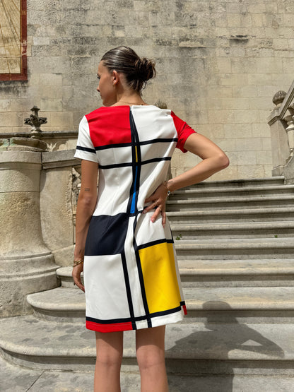 Retro Mini Jurk met Mondriaan Print dameskleding