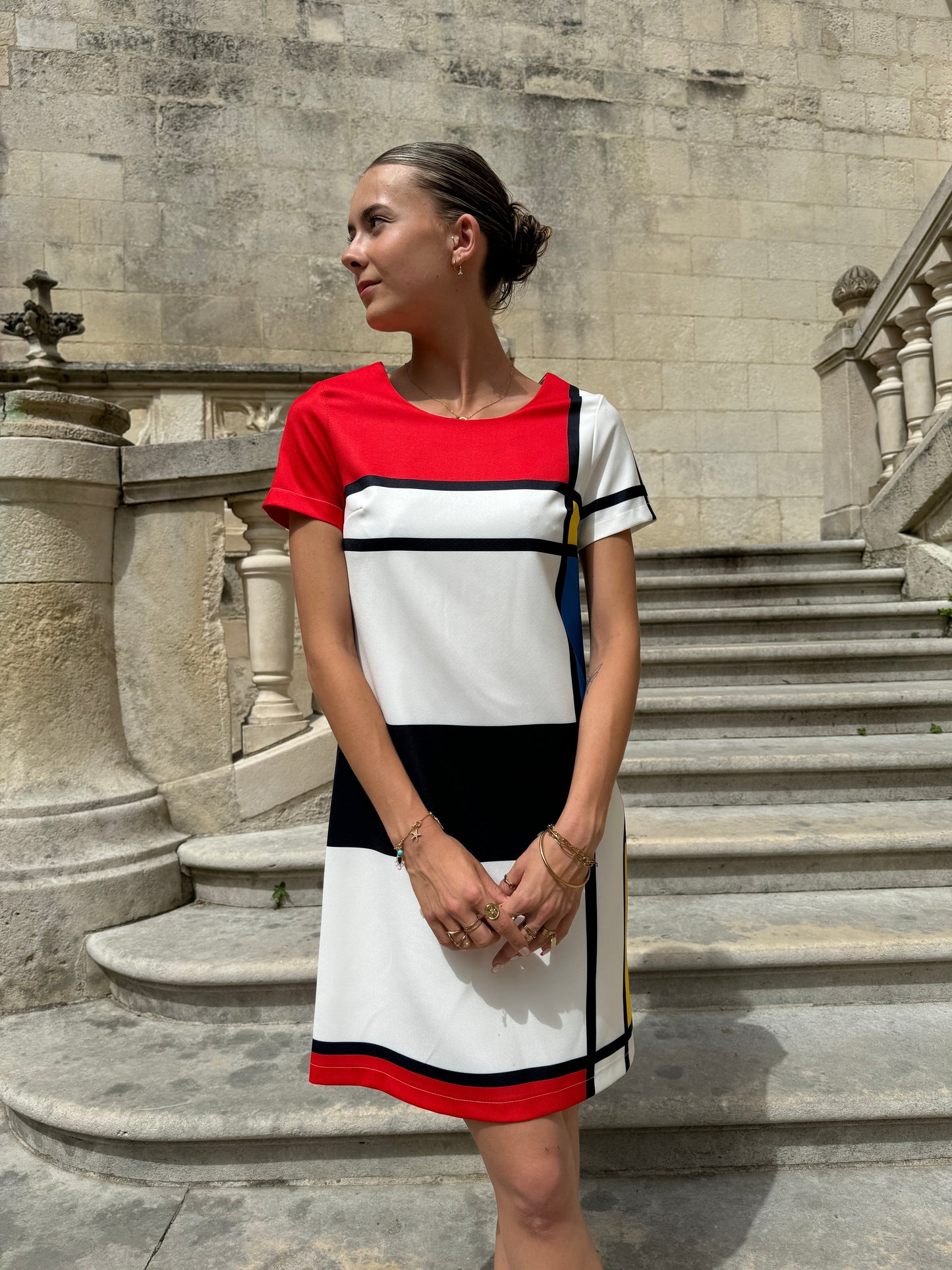 Mondriaan Jurk Mini Retro Print voor Vrouw