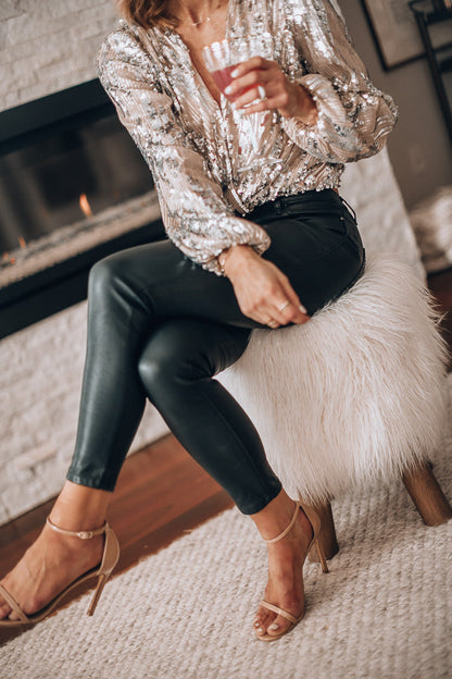 Vrouwen Blouse Met Pailletten Lange Mouwen V-Hals Glitter