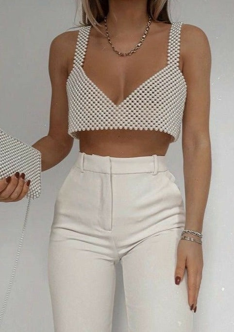 Parel Crop Top Handgemaakt Glanzend Design