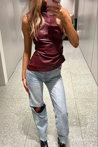 Rode V-hals Top Bordeaux Kleur Donkerood