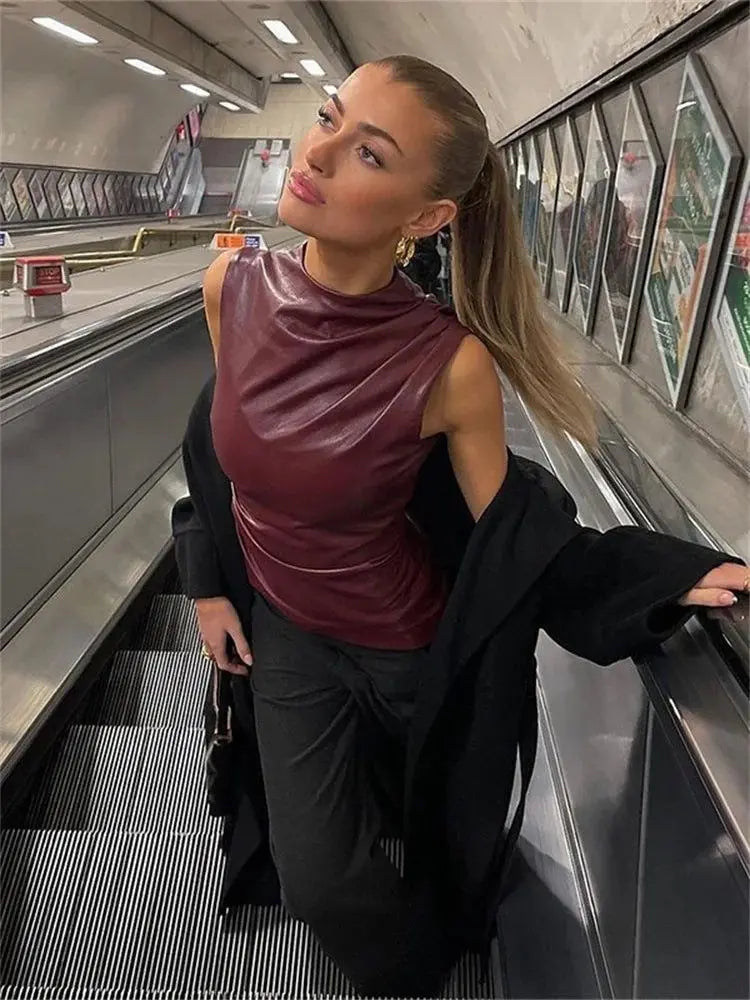 Rode V-hals Top Bordeaux Kleur Donkerood