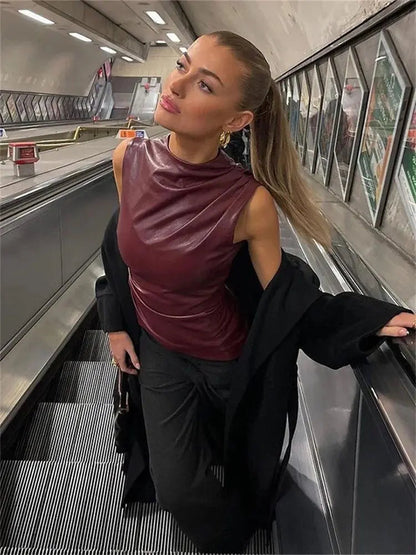 Rode V-hals Top Bordeaux Kleur Donkerood