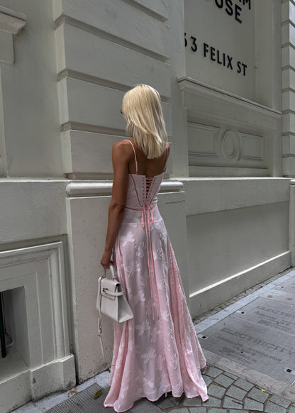 Roze Maxi Jurk met Corset Sluiting en Jacquard Patronen - StudioMarella
