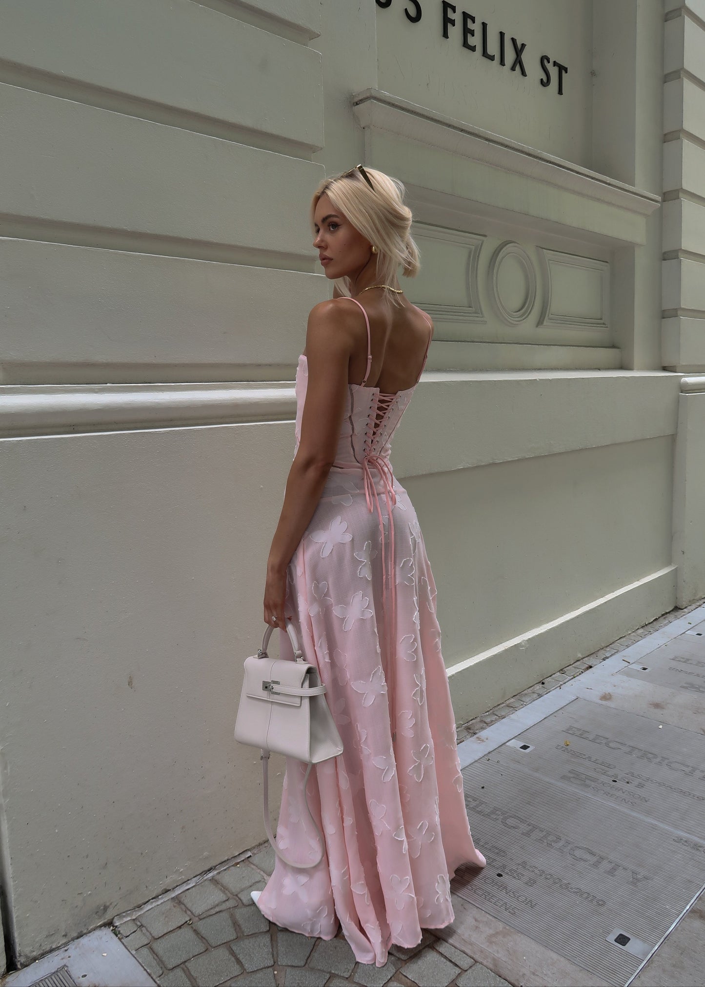 Roze Maxi Jurk met Corset Sluiting en Jacquard Patronen