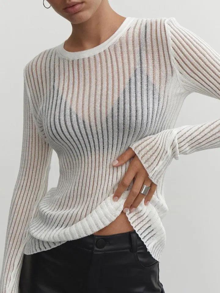 Vrouwelijke Doorschijnende Top met Strepen Elegant Design → Vrouwelijke Top met Strepen Doorschijnend Elegant