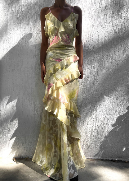 Gele Maxi Jurk Chiffon Ruches Zomerjurk Vrouwen - StudioMarella