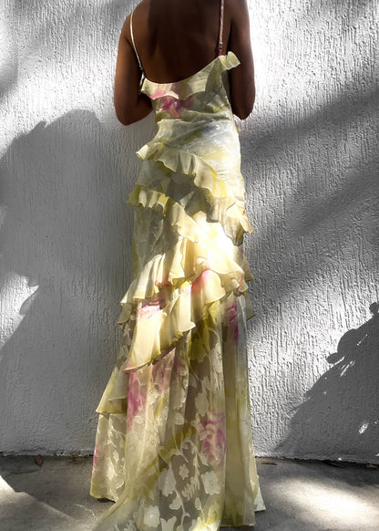 Gele Maxi Jurk Chiffon Ruches Zomerjurk Vrouwen