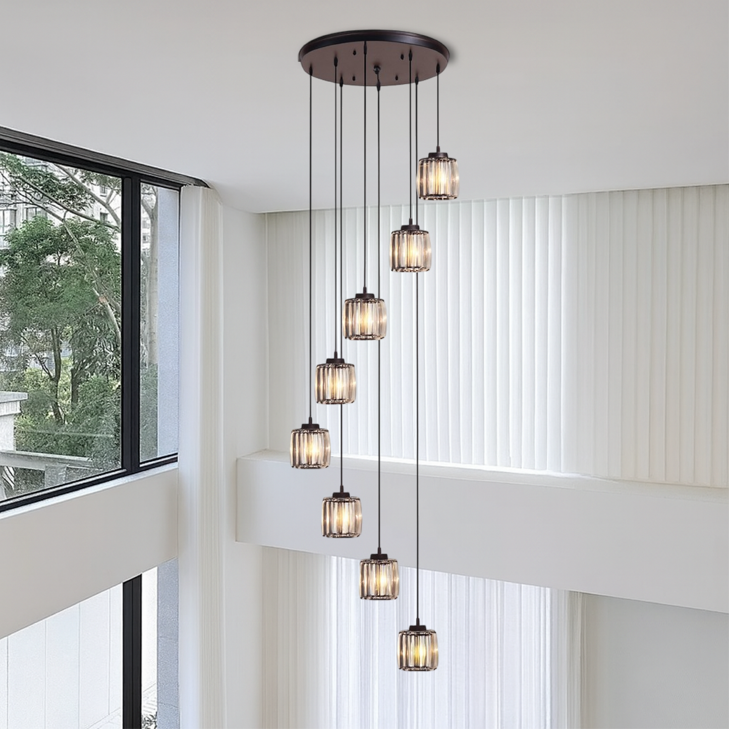 Kristallen Trapverlichting met Glazen Cascade | 5-Laags Design voor Trappenhuis & Entree