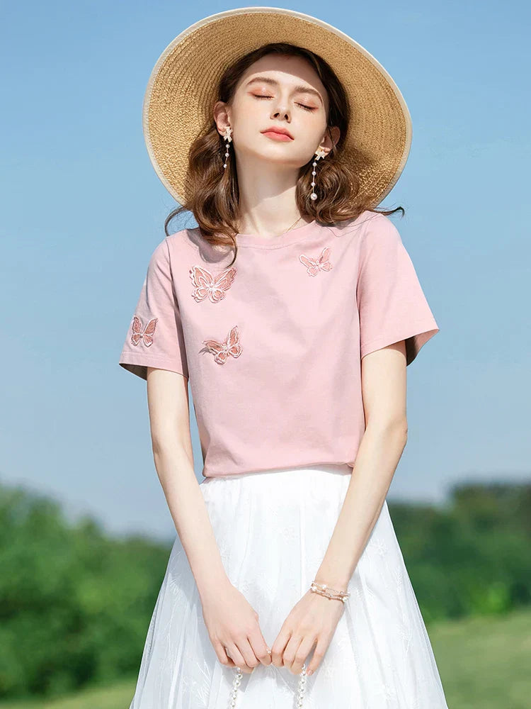 Vrouwelijk Zomer T-shirt met Vlinderprint en Leuke Design