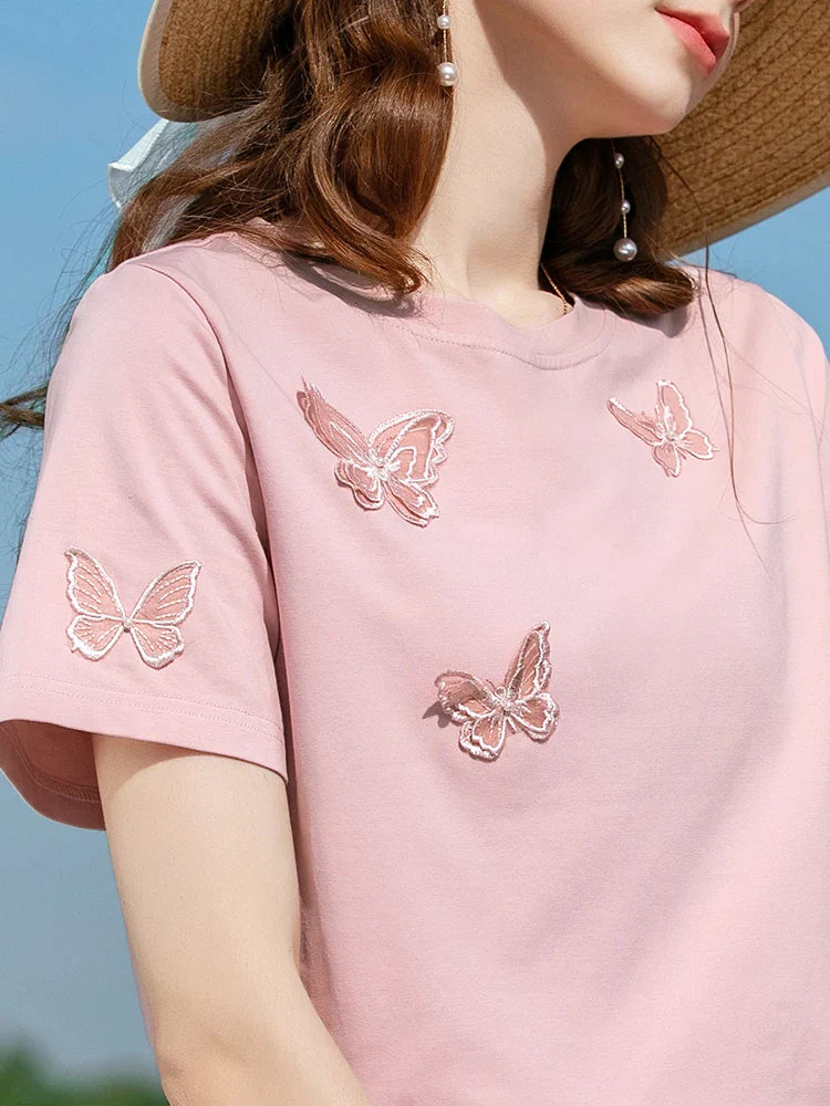 Vrouwelijk Zomer T-shirt met Vlinderprint en Leuke Design