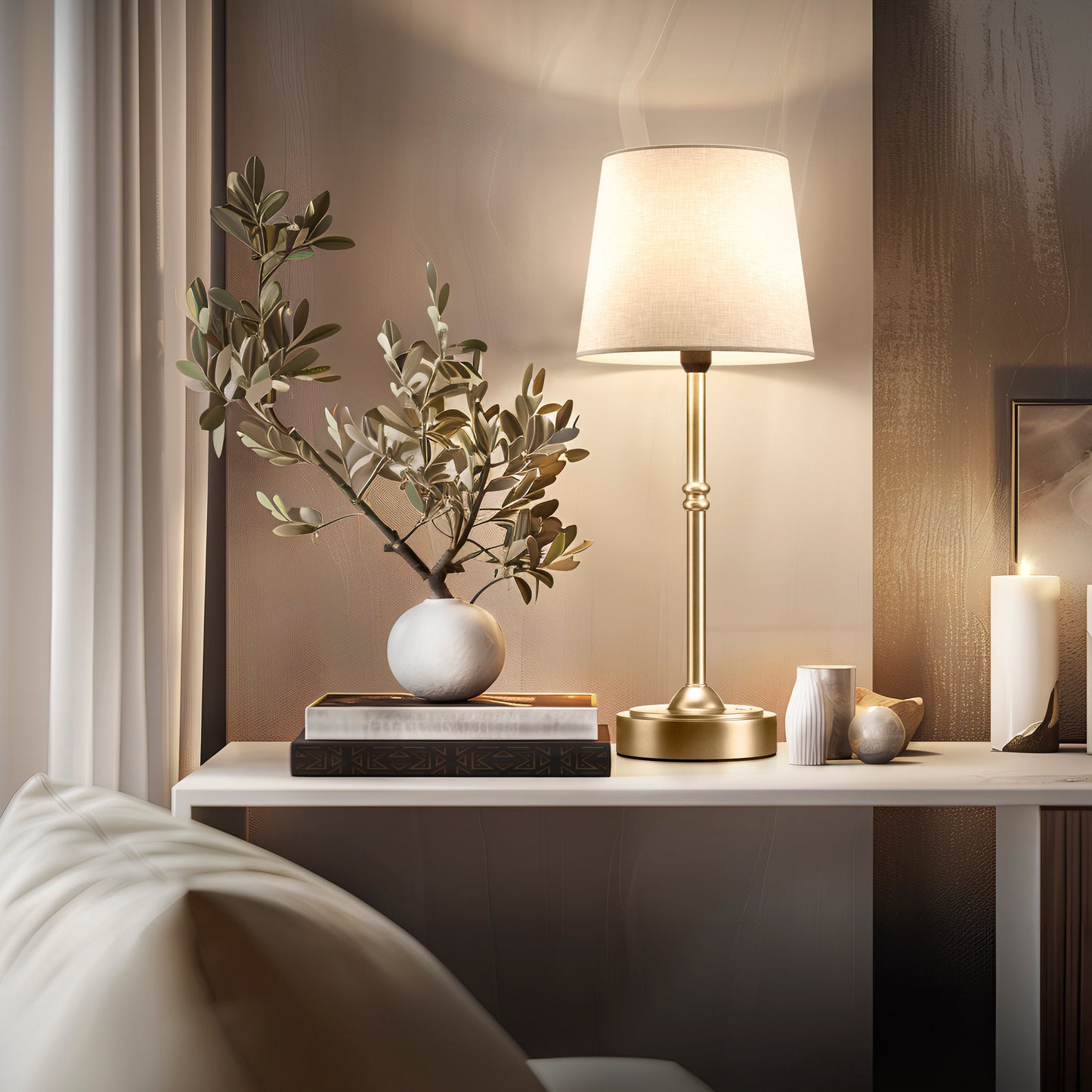Tafellamp Oplaadbaar Draadloos Goud Wit Kap 40cm USB-C Touch Dimbaar Slaapkamer Woonkamer