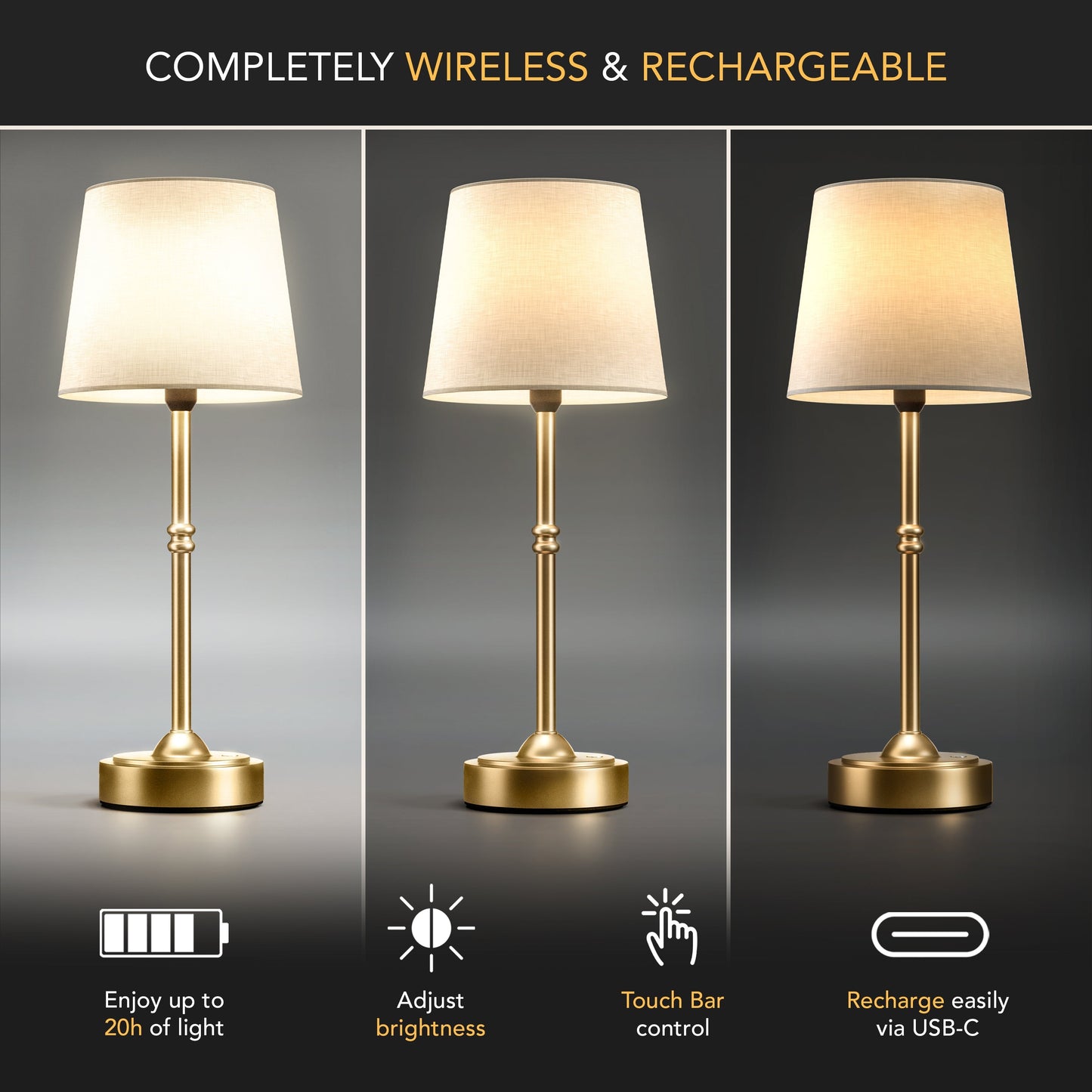 Tafellamp Oplaadbaar Draadloos Goud Wit Kap 40cm USB-C Touch Dimbaar Slaapkamer Woonkamer