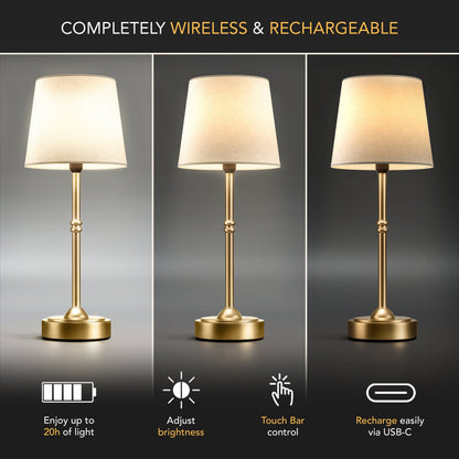 Tafellamp Oplaadbaar Draadloos Goud Wit Kap 40cm USB-C Touch Dimbaar Slaapkamer Woonkamer