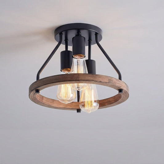 Plafondlamp Hout Metaal 3 Lichtpunten E27 Zwart Industrieel Landelijk Slaapkamer Woonkamer Hal Semi-flush Verstelbaar Rustiek