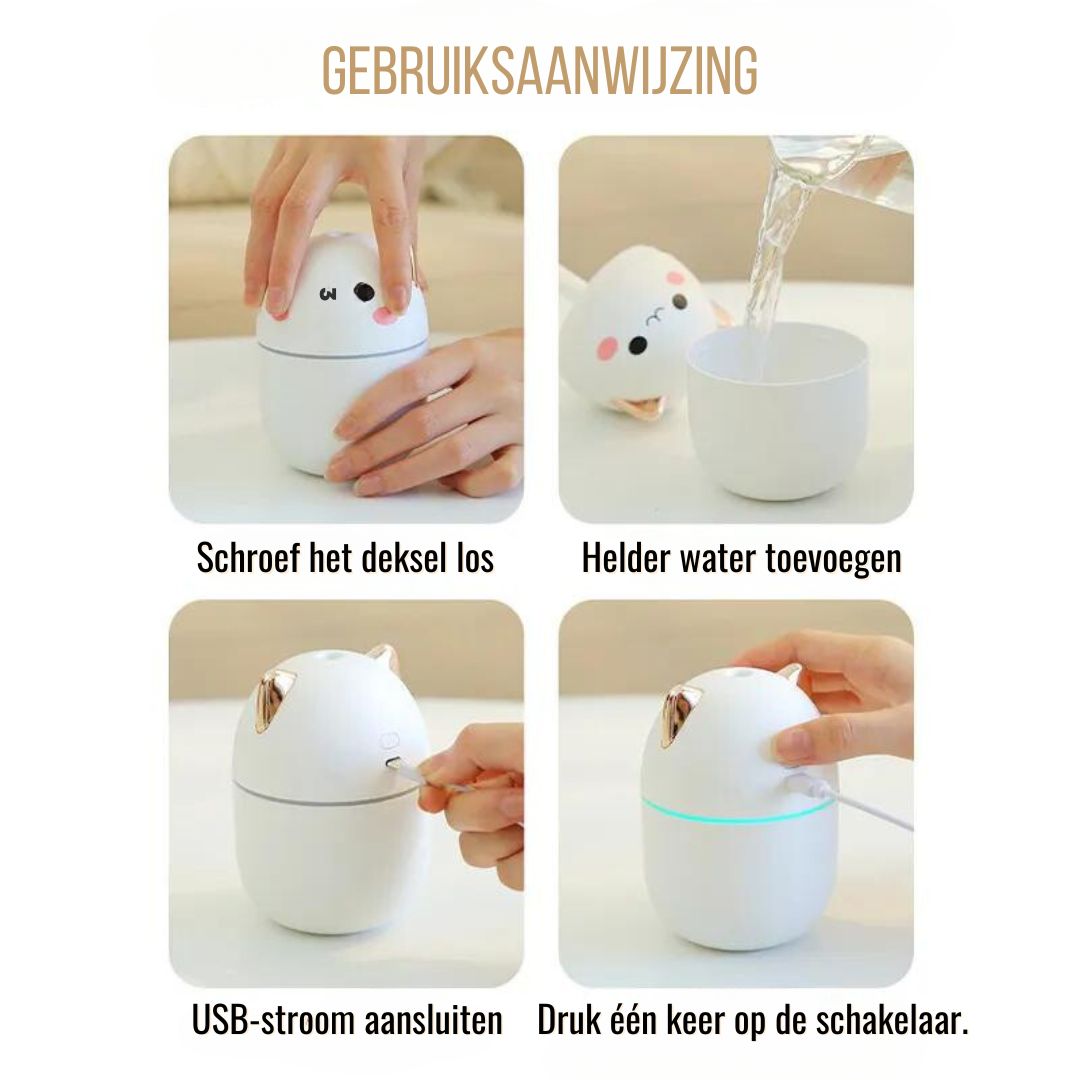 Katten Luchtbevochtiger met LED Nachtlampje – 250ml Bevochtiging voor Slaapkamer Bureau Kinderkamer