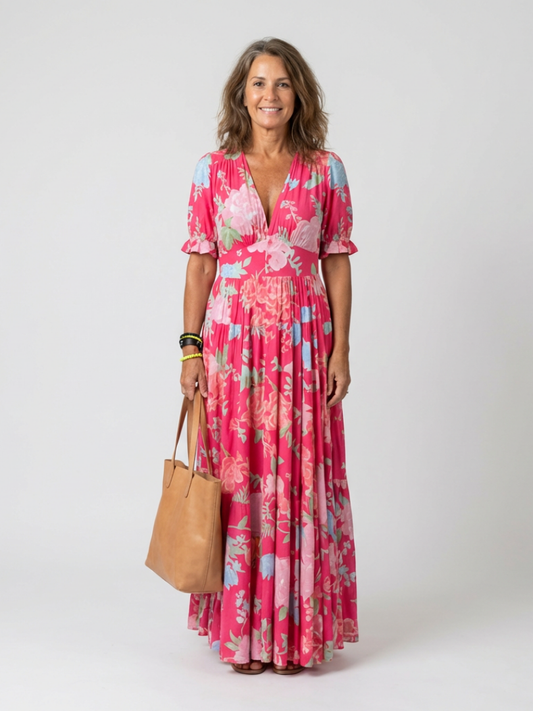 Dames Midi Jurk Zachte V-hals Korte Mouwen Elegante Pasvorm - StudioMarella