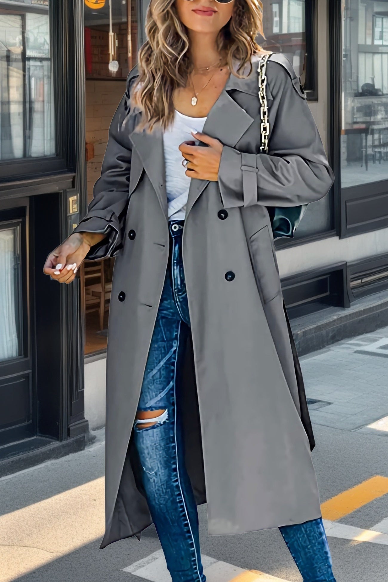 Dames Trenchcoat Zwart Double-Breasted Ademend Polyester