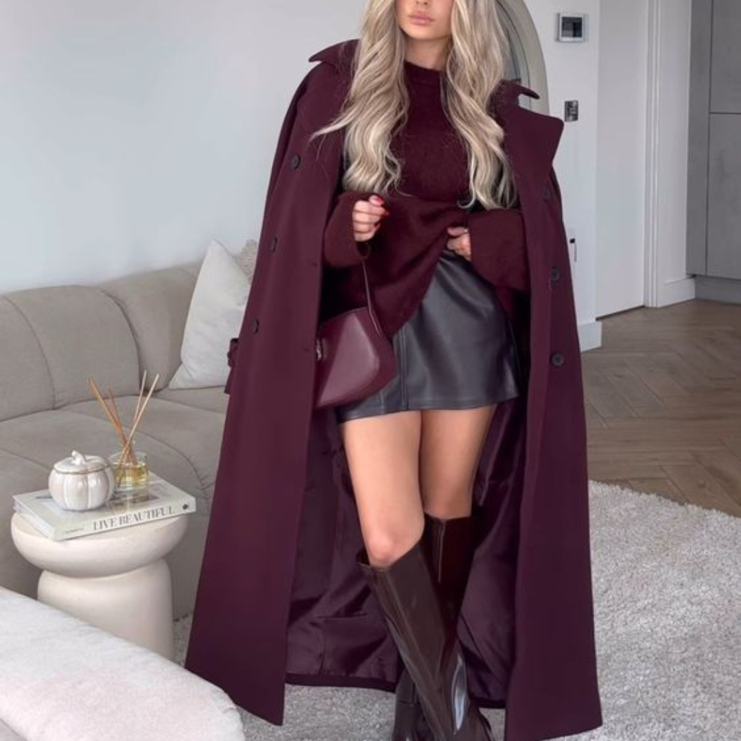 Isla Dames Winterjas | Burgundy, Lange en Elegante Polyester-Wolmix 1