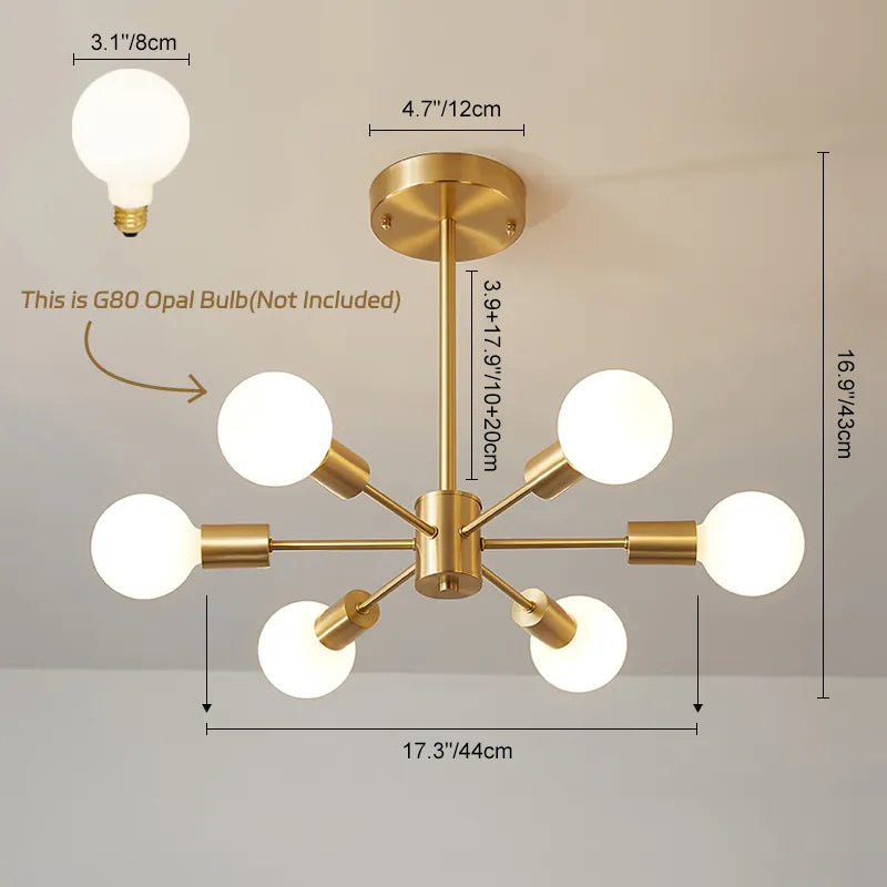 Moderne sputnik kroonluchter met 6 armen in messing – minimalistische design hanglamp zonder glazen kap