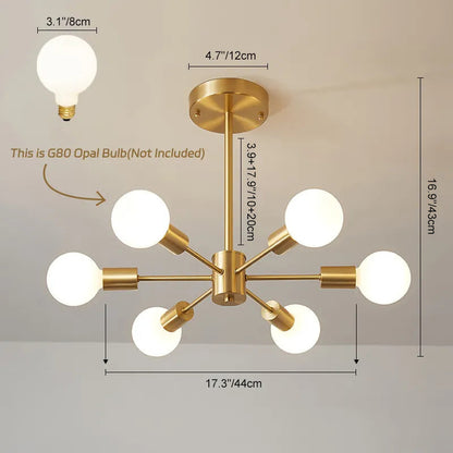 Moderne sputnik kroonluchter met 6 armen in messing – minimalistische design hanglamp zonder glazen kap