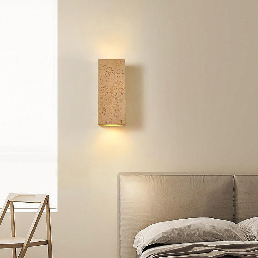 Japandi Wandlamp Travertijn Look Cement Rechthoek Warm Licht Woonkamer Slaapkamer
