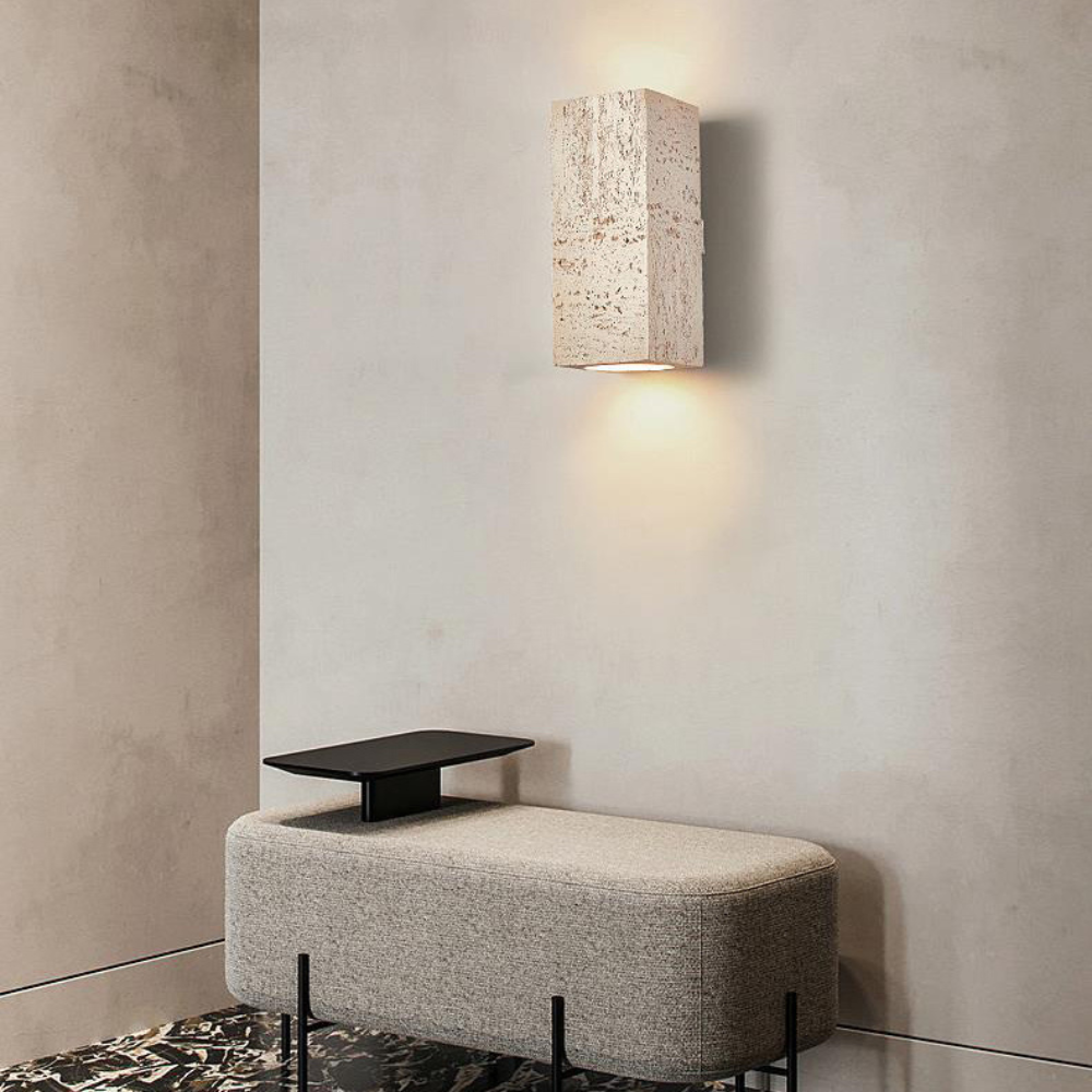 Japandi Wandlamp Travertijn Look Cement Rechthoek Warm Licht Woonkamer Slaapkamer