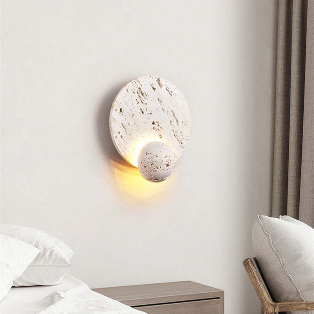 Japandi Wandlamp Travertijn Rond Eclipse Bol Warm Licht Slaapkamer Woonkamer Natuursteen