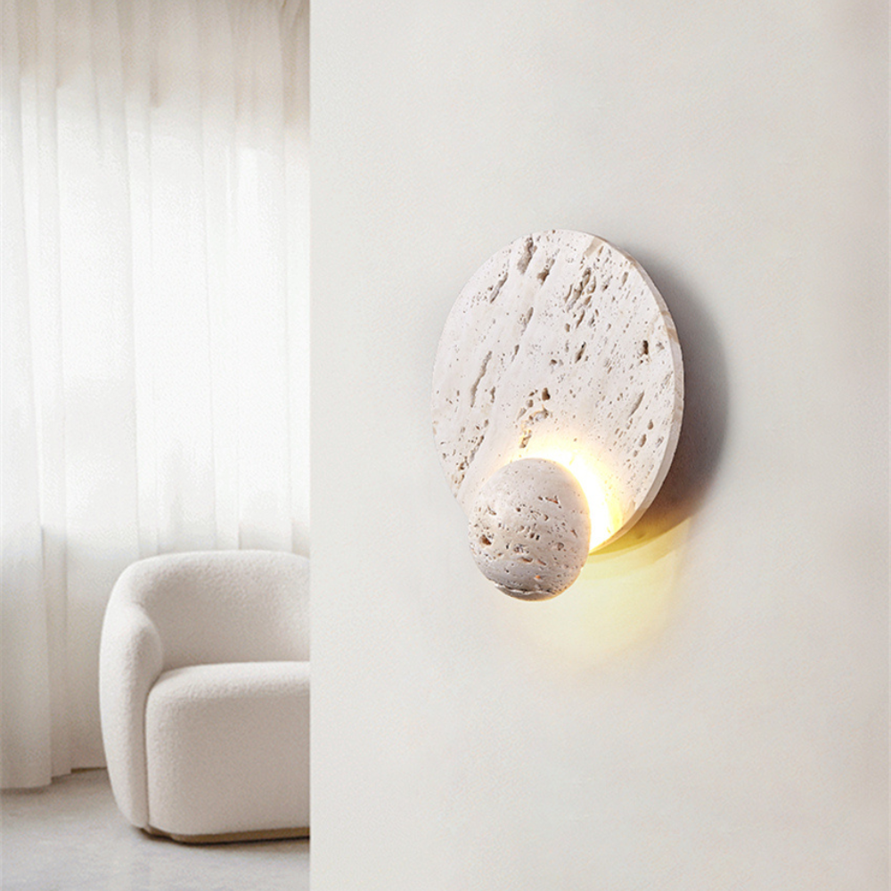 Japandi Wandlamp Travertijn Rond Eclipse Bol Warm Licht Slaapkamer Woonkamer Natuursteen
