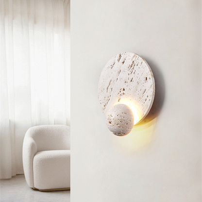 Japandi Wandlamp Travertijn Rond Eclipse Bol Warm Licht Slaapkamer Woonkamer Natuursteen
