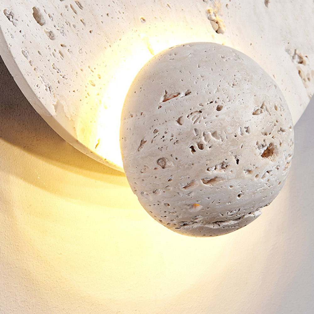 Japandi Wandlamp Travertijn Rond Eclipse Bol Warm Licht Slaapkamer Woonkamer Natuursteen