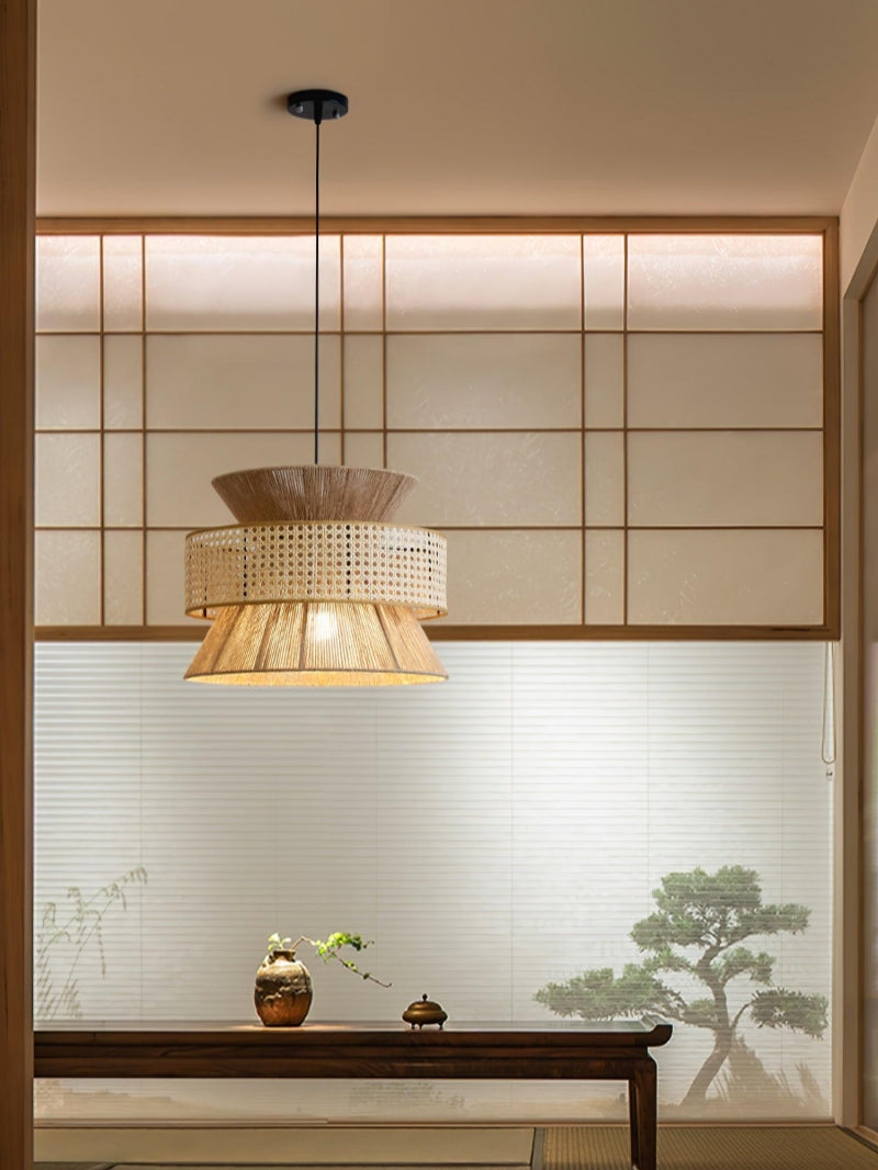 Handgeweven Hennep Hanglamp in Zen-Stijl – Natuurlijk Rotan Tromlamp voor Rustieke Sfeer