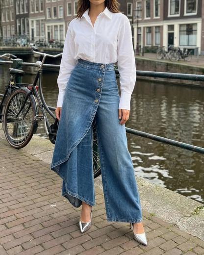 Dames Wide Leg Jeans Rok High Waist Asymmetrisch
