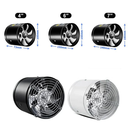Een assortiment van luchtventilatoren in verschillende maten (4", 6", en 7") in zwart en wit. De ventilatoren zijn ontworpen om efficiënt lucht te verplaatsen en hebben een robuuste constructie met een metalen rooster voor extra bescherming. De maten en afmetingen worden duidelijk weergegeven voor elke variant.