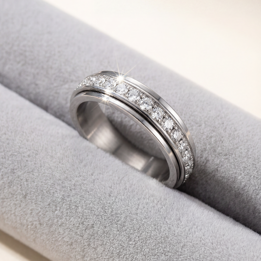 Draaibare Spinner Ring met Zirkonia Steentjes – Titanium Staal – Rustgevend Fidget Sieraad voor Vrouwen en Mannen