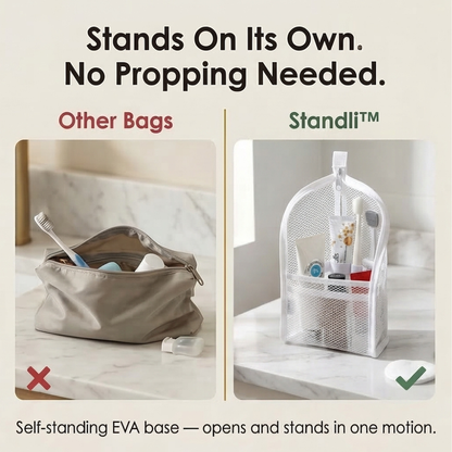 Staande Reistoilettas – Zelfstandige Travel Organizer met Verdelers voor Tandenborstel, Tandpasta en Accessoires